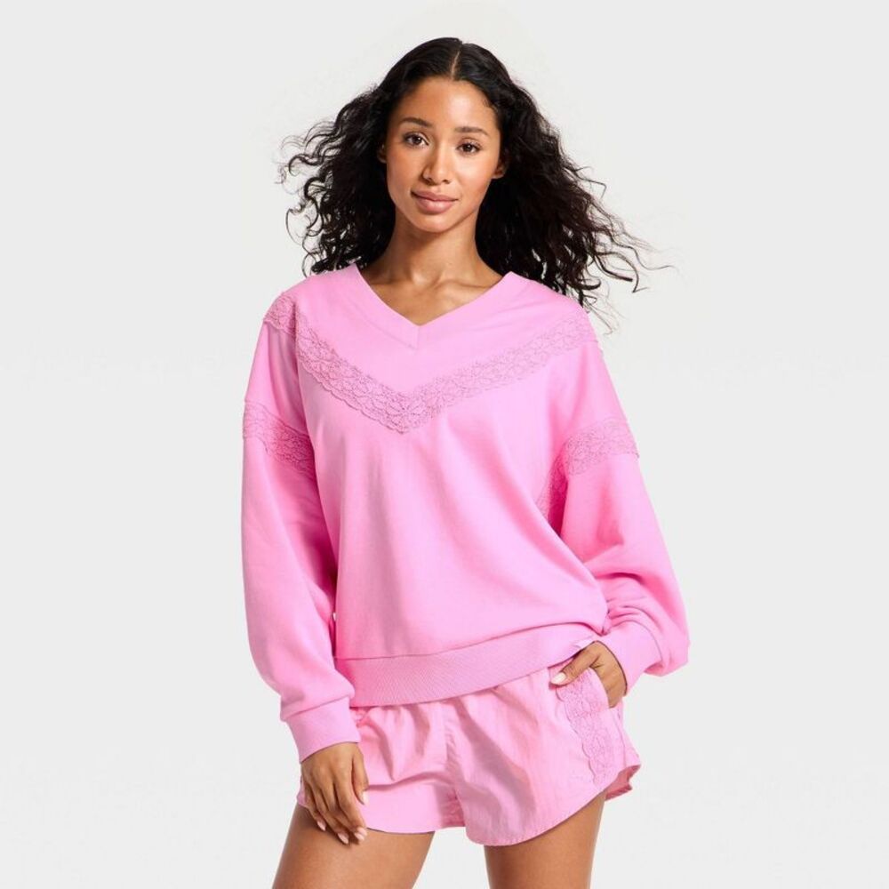 Women's Crochet Trim V-Neck Sweatshirt - JoyLab Pink XL